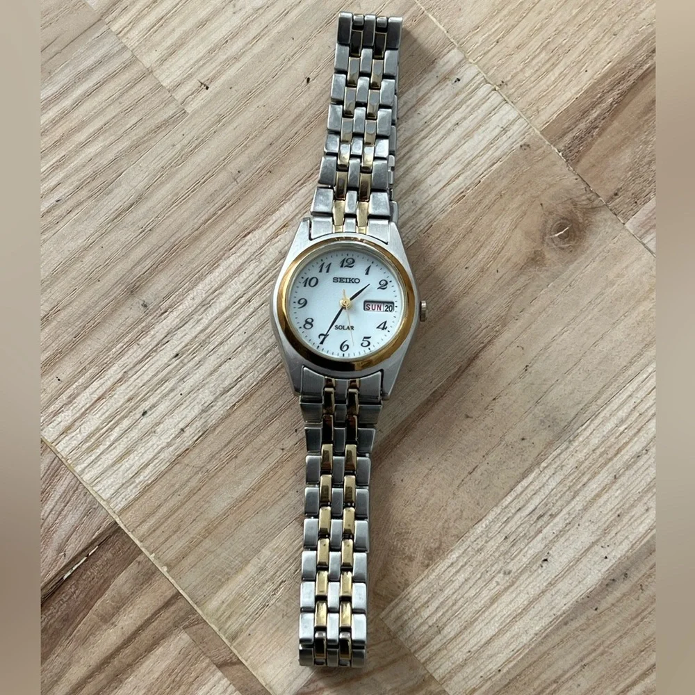 Seiko Solar Ladies Watch Two-Tone Bracelet White Dial Date Window New Crystal